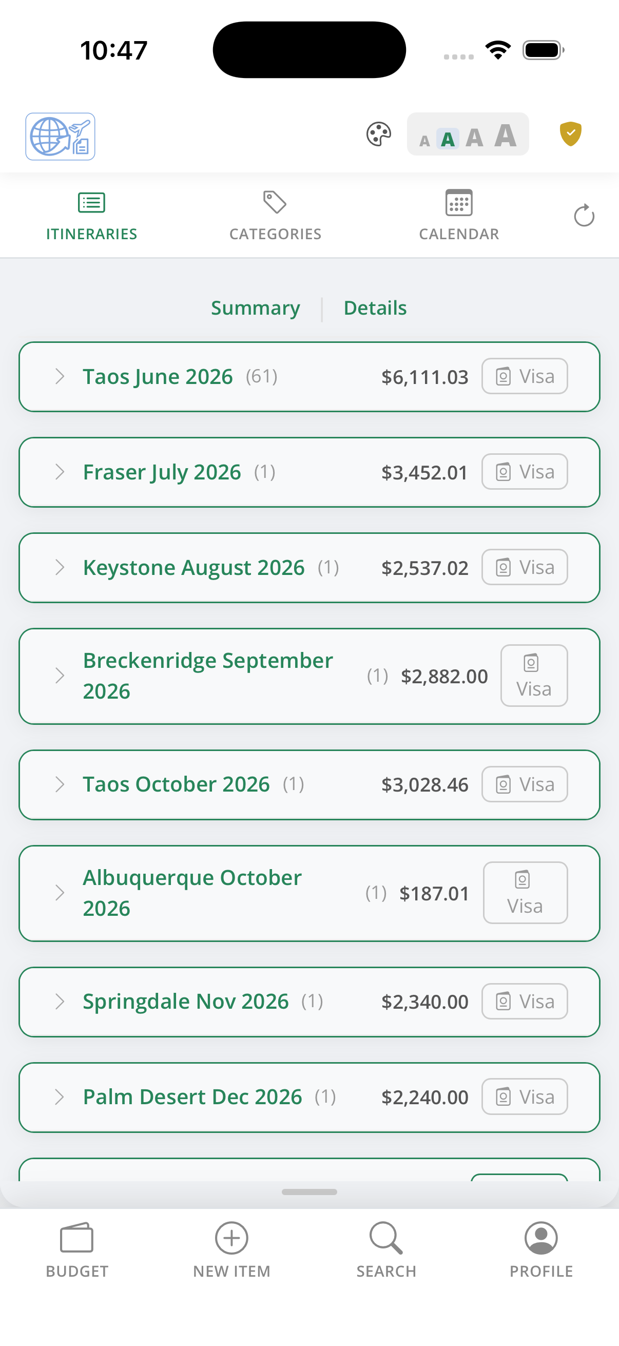 Itinerary list — summary mode