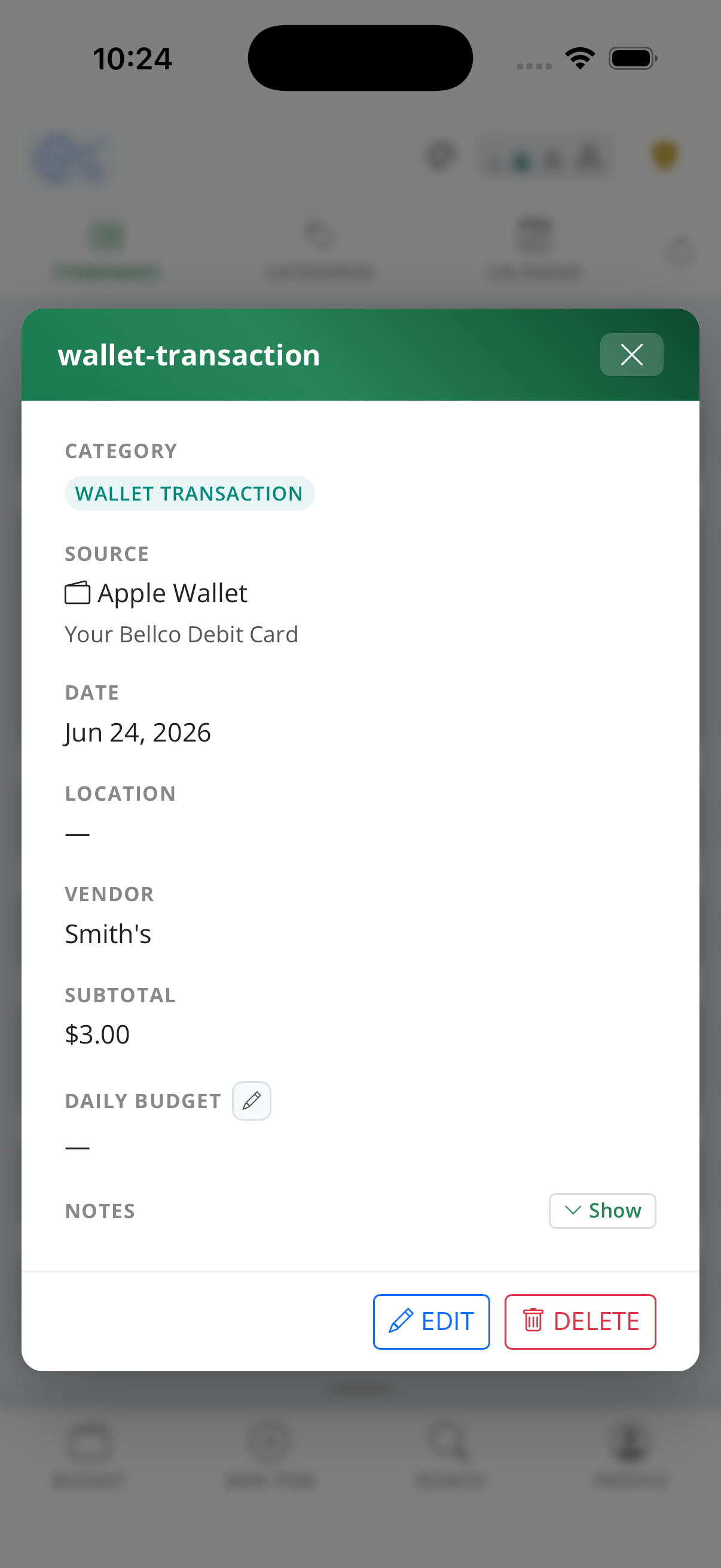 Wallet transaction details